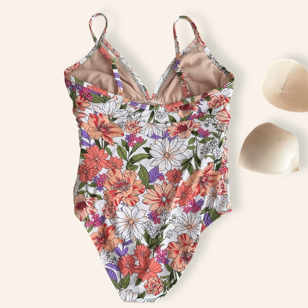 Pink and Orange Floral Spaghetti Strap One Piece Swimsuit size L